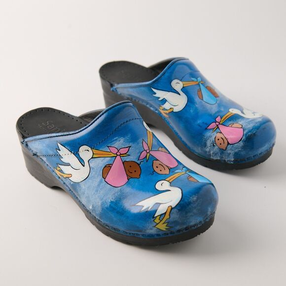 Sanita Hand Painted Stork Baby Clogs Sz 37 EU Nurse RN Midwife Shoes Denmark - Picture 15 of 15
